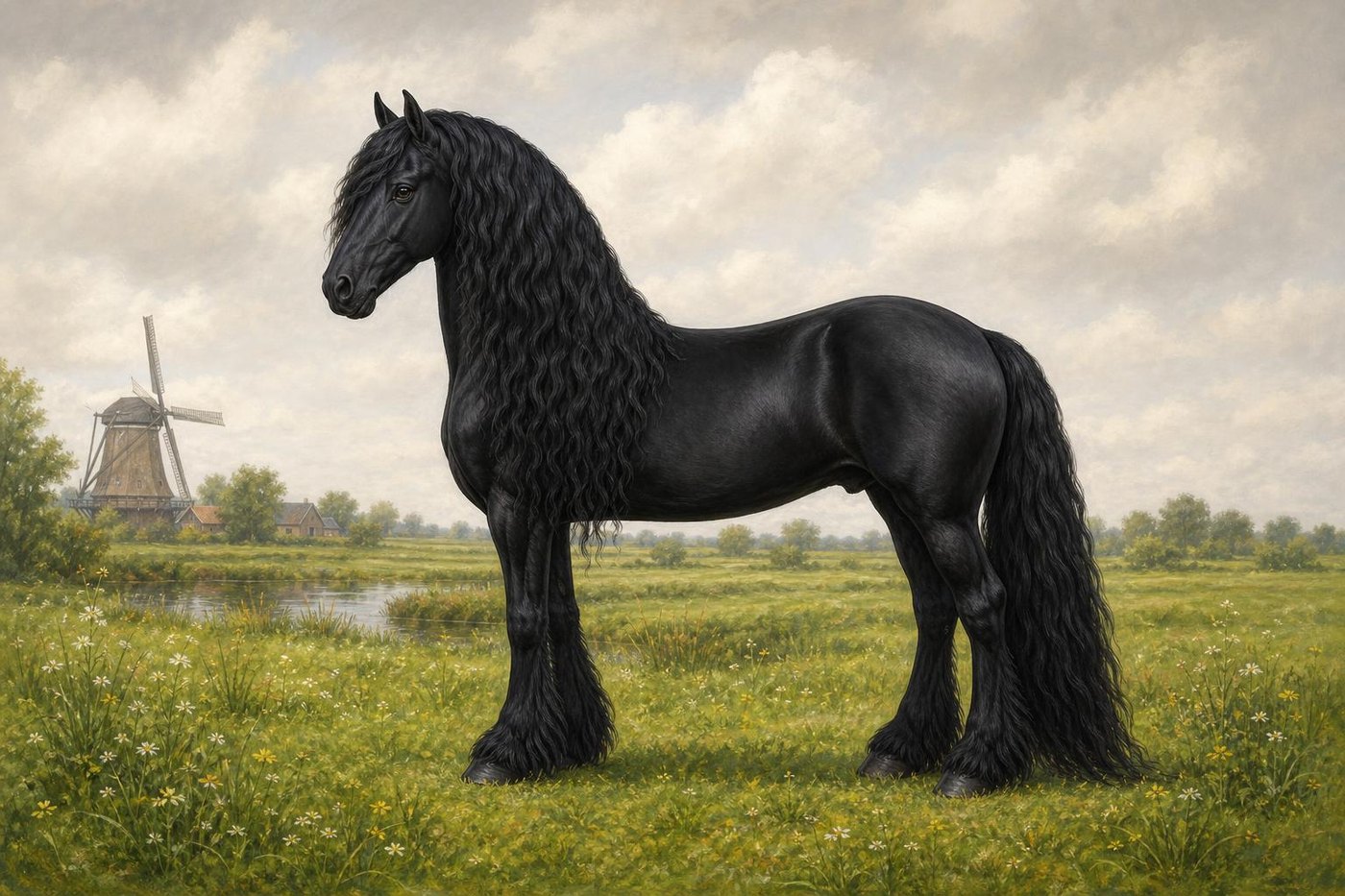 Un cheval frison noir dans une prairie